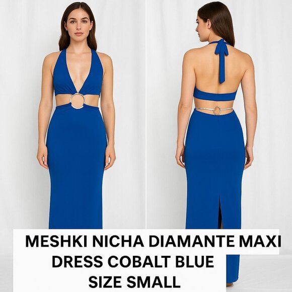 Meshki Nicha Diamante Cutout Halter Maxi Dress – Cobalt Blue – Size Small (4 US) - Picture 1 of 10